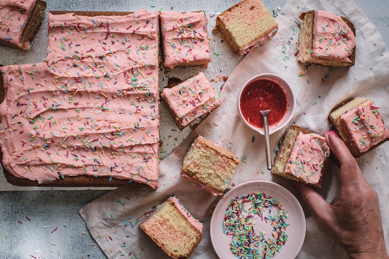 Gluten Free Strawberry Swirl pink slab cake 